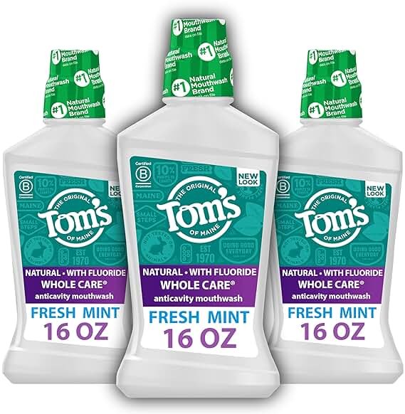 Tom's Of Maine Whole Care Natural Fluoride Mouthwash, Fresh Mint, 16 Oz (Pack of 3) (Packaging May Vary) - Product Image
