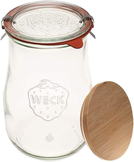 Weck Jars -50.7 fl oz Weck Tulip Jars 1.5 Liter - Large Glass Jars for Sourdough - Starter Jar with Glass Lid with Wide Mouth Suitable Canning and Storage 1 Jar with Wood Lid 59.2 fl. oz - Product Image