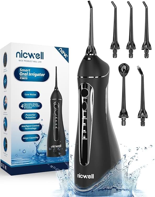Nicwell Water Dental Flosser for Teeth - 4 Modes & 11 Pressure Settings Cordless Portable Oral Irrigator, IPX7 Waterproof Rechargeable with 5 Tips for Braces Cleaning, Travel, Deep Teeth Cleaning - Product Image