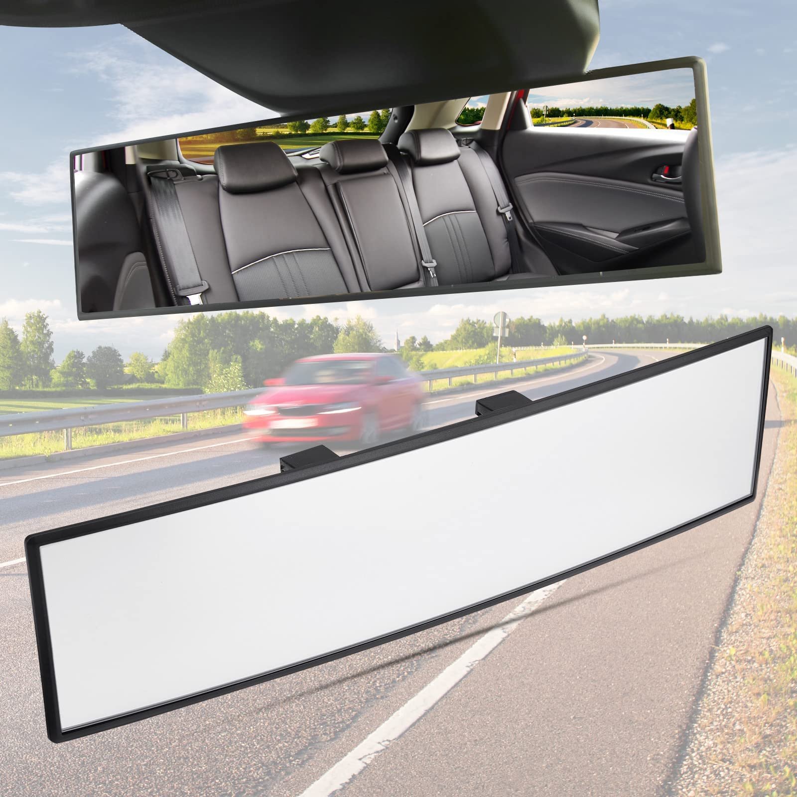 JOYTUTUS Panoramic Rear View Mirror, 12 Inch Wide Angle Clip On Mirror, Universal Car Interior Accessories, Convex Interior Mirror Reduces Blind Spot, Clear Vision Fits Car SUV Trucks - Product Image