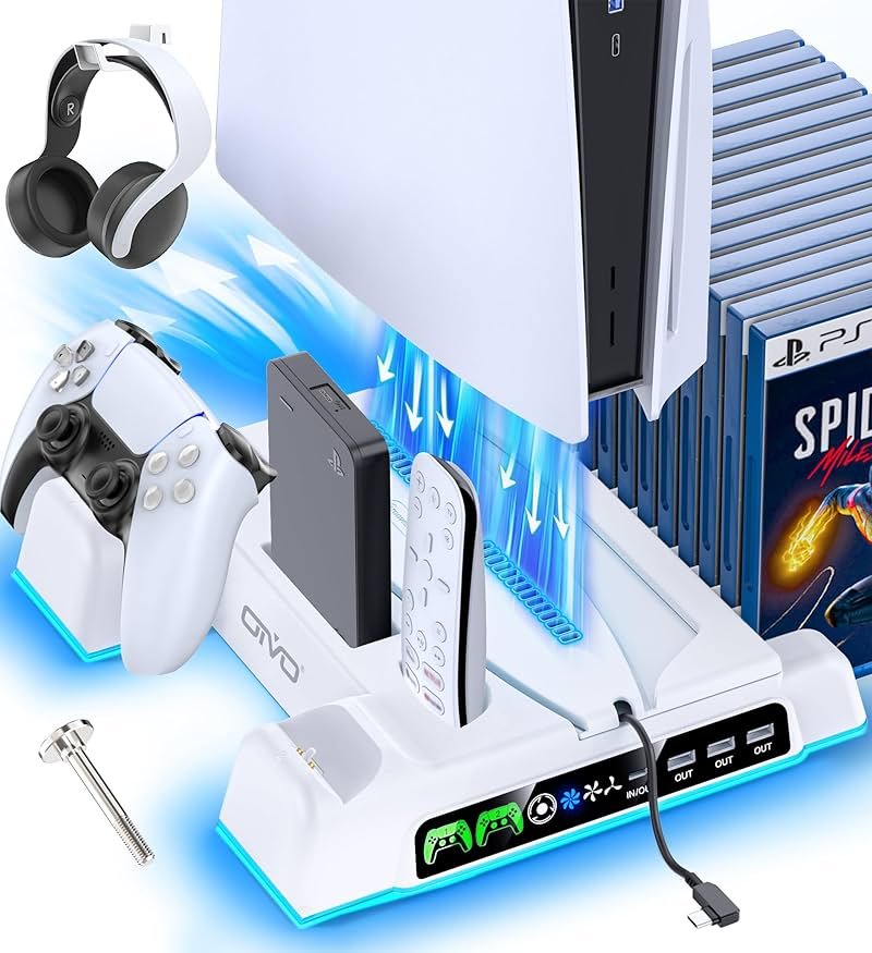 PS5/Slim/Pro Stand and Cooling Station with LED Controller Charging Station for PlayStation 5 Console, Controller Charger, Cooling Stand, PS5/Slim/Pro Skin Accessories Kit with 3 Level Cooler Fan - Product Image