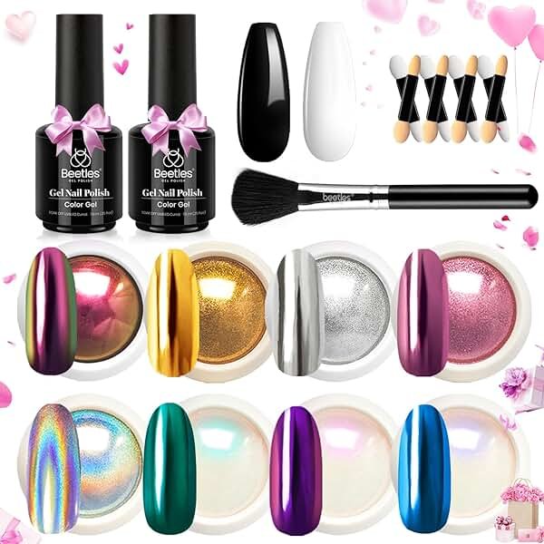 Beetles Metallic Chrome Nail Powder Kit Black White Colors Gel Polish Mirror Effect Holographic Metallic Nail Polish Chrome Manicure Art Decoration Glitter Nail Powder for Women - Product Image