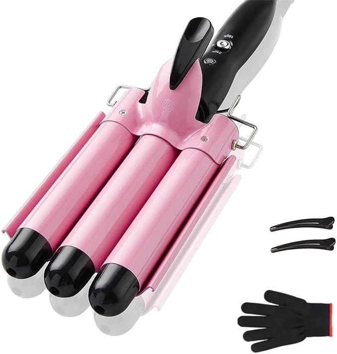 TOP4EVER 3 Barrel Curling Iron, 1 inch Crimper Hair Tool,Crimping Waver for Women Beach Waves with Two Temperature Settings, Pink - Product Image