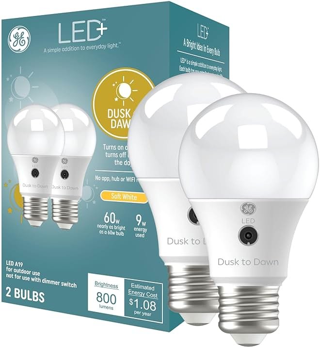 GE LED+ A19 Dusk to Dawn LED Light Bulbs, Automatic On/Off Outdoor Security Light, Soft White (2 Pack) - Product Image