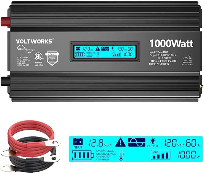 1000 Watt Pure Sine Wave Power Inverter ETL UL458 12V DC to 110V 120V AC 1000W for Home RV Truck Off-Grid Solar Compatible with Lithium Battery with LCD Display [3 Years Warranty] by VOLTWORKS - Product Image
