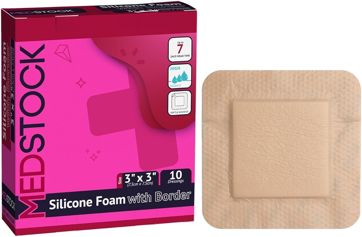 MEDSTOCK Silicone Foam Dressing with Border, 3"x3" (Pack of 10), Wound Care, Super Absorbent, Atraumatic Removal, Five Layers, Waterproof, Seals Wound Edges, No Adhesion Loss - Product Image