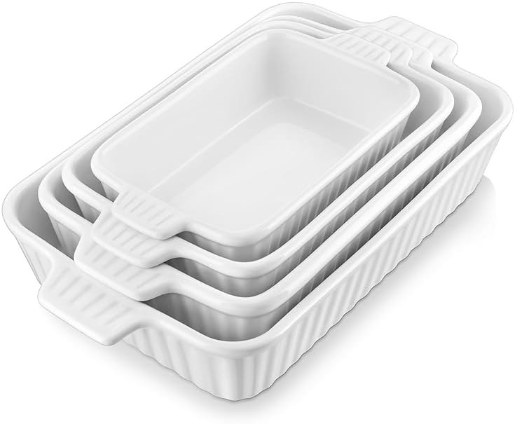 MALACASA Casserole Dishes for Oven, Porcelain Baking Dishes, Ceramic Bakeware Sets of 4, Rectangular Lasagna Pans Deep with Handles for Baking Cake Kitchen, White (9.4"/11.1"/12.2"/14.7"), Series - Product Image