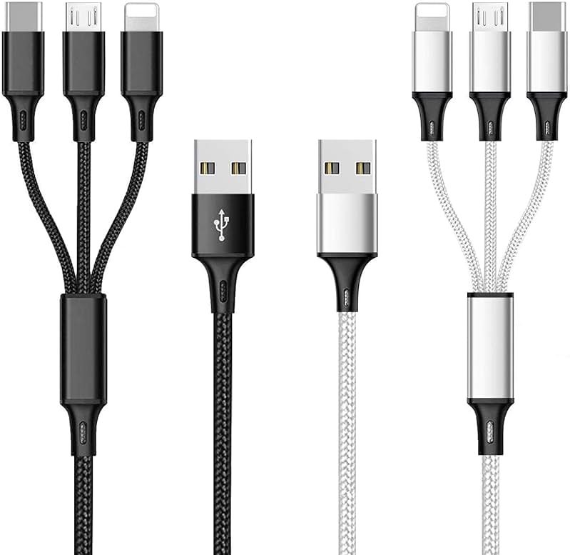 Multi USB Charging Cable 3A, 3 in 1 Fast Charger Cord Connector with Dual Phone/Type C/Micro USB Port Adapter, Compatible with Tablets iPhone 14 13 12 Pro 8 7 Samsung Galaxy (4FT/2Pack Charging Only) - Product Image