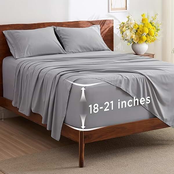 Bedsure Deep Pocket Queen Sheets Set - Fits Mattresses Up to 21 Inches Thick - 4 Piece GentleSoft Bed Sheets, Moisture Wicking, Soft & Cooling Bedsheet & Pillowcases, Easy & Secure Fit, Light Grey - Product Image