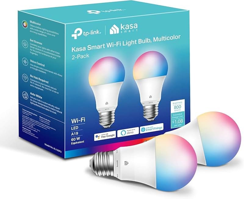 Kasa Smart Light Bulbs, Full Color Changing Dimmable Smart WiFi Bulbs Compatible with Alexa and Google Home, A19, 60 W 800 Lumens,2.4Ghz only, No Hub Required, 2-Pack (KL125P2), Multicolor - Product Image