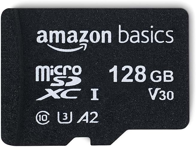 Amazon Basics microSDXC Memory Card with Full Size Adapter, A2, U3, Read Speed up to 100 MB/s, 128GB, Black - Product Image