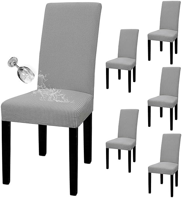 Easy-Going 100% Waterproof Dining Room Chair Cover Set of 6, Stretch Jacquard Parson Chair Slipcover Removable Washable Chair Protector for Home, Restaurant, Banquet (Large, Light Gray) - Product Image