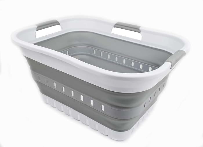 SAMMART 30L (8 gallon) Collapsible 3 Handled Plastic Laundry Basket - Foldable Pop Up Storage Container/Organizer - Space Saving Hamper/Basket (White/Grey) - Product Image