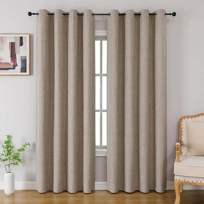 CUCRAF 100% Blackout Window Curtains 84 inches Long 2 Panels Set, Faux Linen Look Thermal Insulated Grommet Drapes, Room Darkening Curtain for Bedroom Living Room(W52 x L84 Inch, Light Khaki) - Product Image