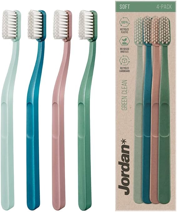 Jordan Green Clean Manual Toothbrush - Sustainable, Scandinavian Design, Soft Bristles, Mixed Colors, 4 Units - Product Image