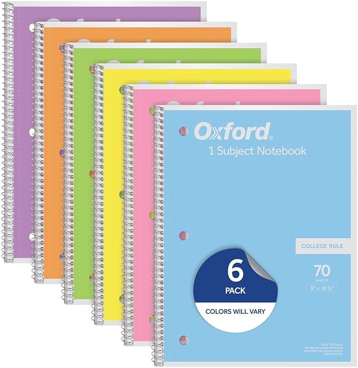 Oxford Spiral Notebook, 1 Subject, College Ruled Paper, 8 x 10-1/2 Inch, Pastel Pink, Orange, Yellow, Green, Blue and Purple, 70 Sheets (63756), Set of 6 - Product Image