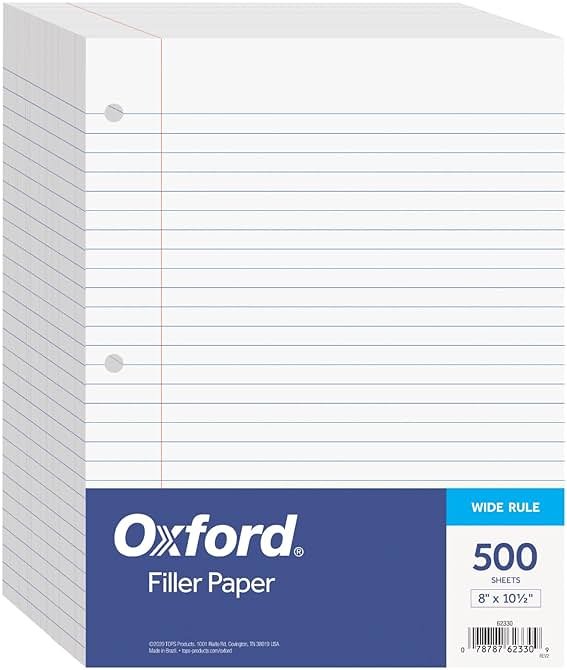 Oxford Filler Paper, 8 x 10-1/2 Inch Wide Ruled Paper, 3 Hole Punch, Loose Leaf Notebook Paper for 3 Ring Binders, 500 sheets (62330), white - Product Image