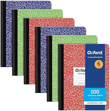 Oxford Composition Notebooks, 6 Pack, Cover Colors Vary, Wide Ruled Paper, 9-3/4 x 7-1/2 Inch School Journals, Assorted Marble Covers, 100 Sheets, per Book (63762) - Product Image