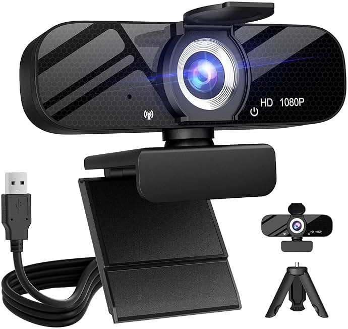 Tewiky Full HD Webcam with Built-in Microphone and Rotatable Tripod, 1080P Video and Wide Angle Camera, Privacy Cover, for Desktop PC or Laptop Computer - Product Image