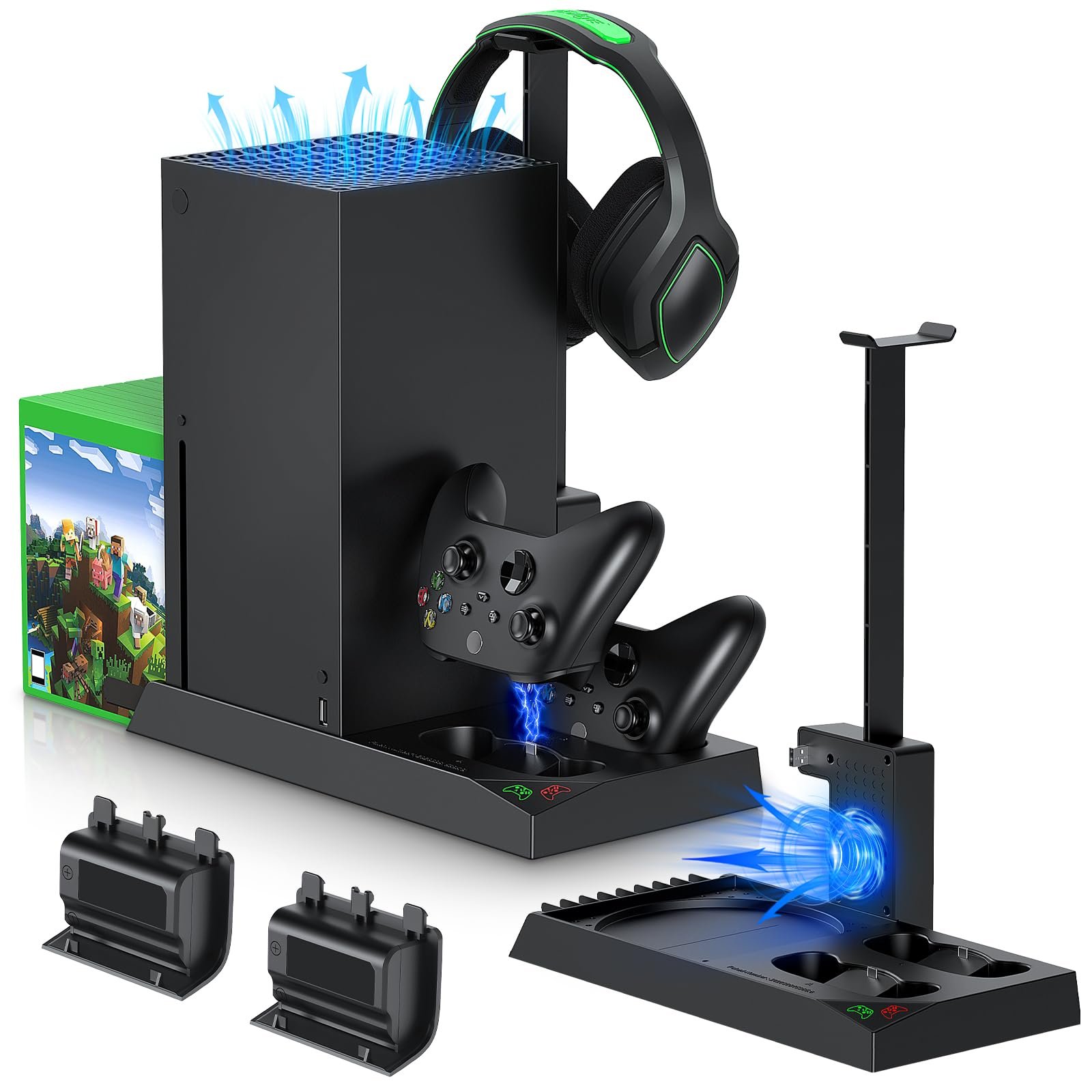 MENEEA Cooling Fan & Charging Stand for Xbox Series X Console & Controller,Vertical Cooler System Dual Charger Station Dock Accessories with 2 x 1400mAh Rechargeable Battery for Xbox Series X - Product Image