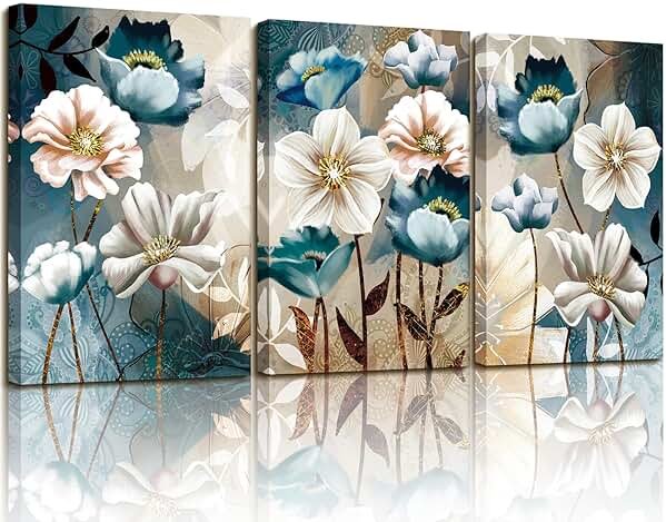 SERIMINO 3 Piece Lotus Flower Canvas Wall Art for Living Room, Blue Floral Picture Wall Decor for Dining Room Bedroom, Art Print Painting for Home Decorations 12"X16" - Product Image