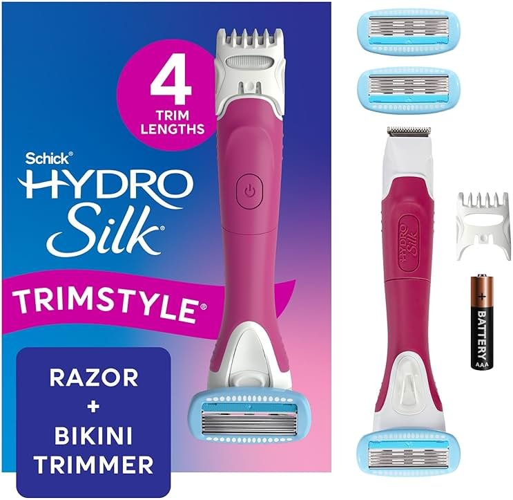 Schick Hydro Silk TrimStyle Razor with Bikini Trimmer for Women | 2-in-1 Bikini Razor for Women and Womens Trimmer for Pubic Hair, Includes 1 Waterproof Handle, 3 Refills & 1 AAA Battery - Product Image