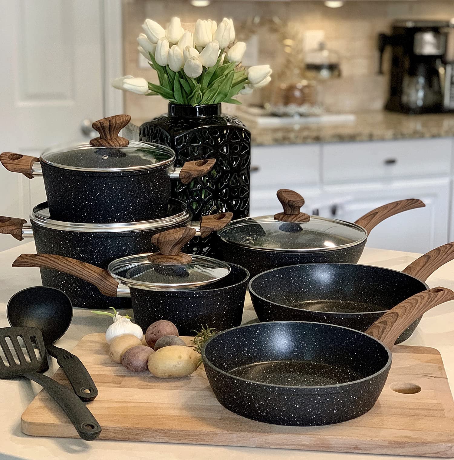 Kitchen Academy Induction Cookware Sets - 12 Piece Pots and Pans Set Non Stick, Black Granite Nonstick Cooking Pan Set(PFOS, PFOA Free) - Product Image