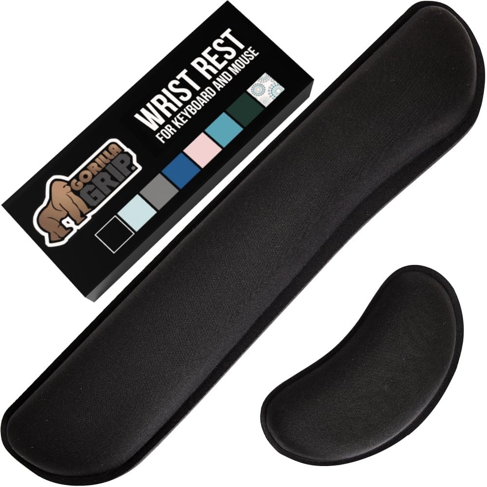 GORILLA GRIP Silky Memory Foam Wrist Rest for Computer Keyboard, Mouse, Ergonomic Design for Typing Pain Relief, Desk Pads Support Hand and Arm, Mousepad Rests, Stain Resistant, 2 Piece Pad, Black - Product Image
