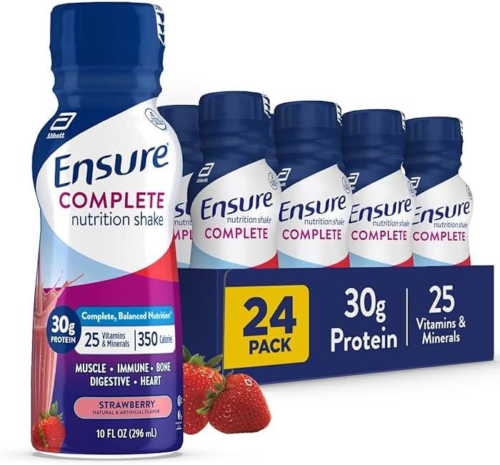 Ensure complete Strawberry Nutrition Shake, Complete, Balanced Meal Replacement, Ready to Drink, 30g Protein, 25 Vitamins & Minerals, 10 fl oz—24 Pack - Product Image