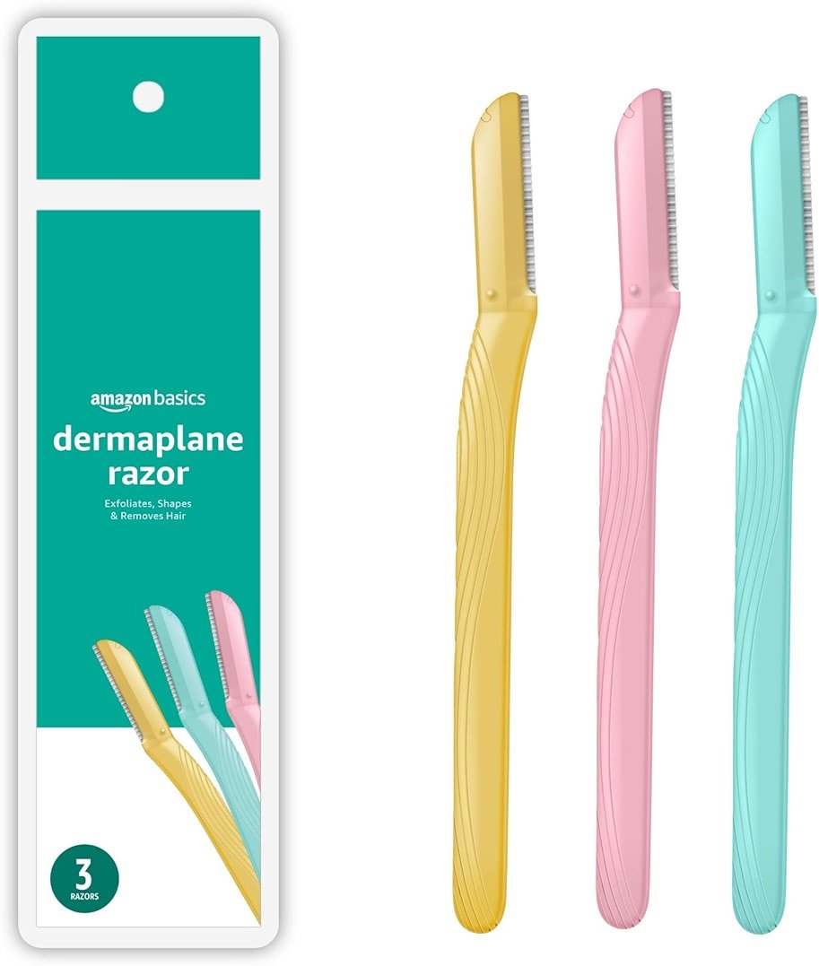 Amazon Basics Women's Dermaplaning Tool, Peach Fuzz Remover, Facial Hair Removal, Exfoliating Face Razor with Microguard Blade for Safe Eyebrow Shaping, Includes Blade Cover, Multicolor, 3 Count - Product Image