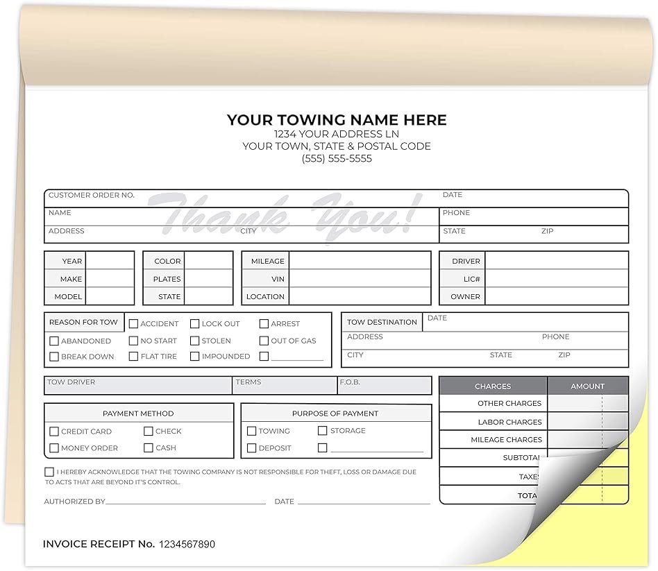 Custom Printed 8.5 x 7 inches Carbonless Towing Invoice Receipt Books - NCR 2-Part Staple Bound Pads with Manila Cover Personalized with Your Company Name - 300 Qty - Product Image