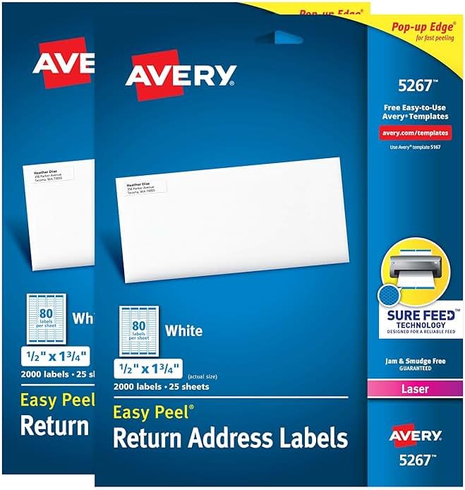 Avery Printable Easy Peel Return Address Labels, 0.5" x 1.75", Sure Feed, 2 Pack, 4000 Labels Total (5637) - Product Image
