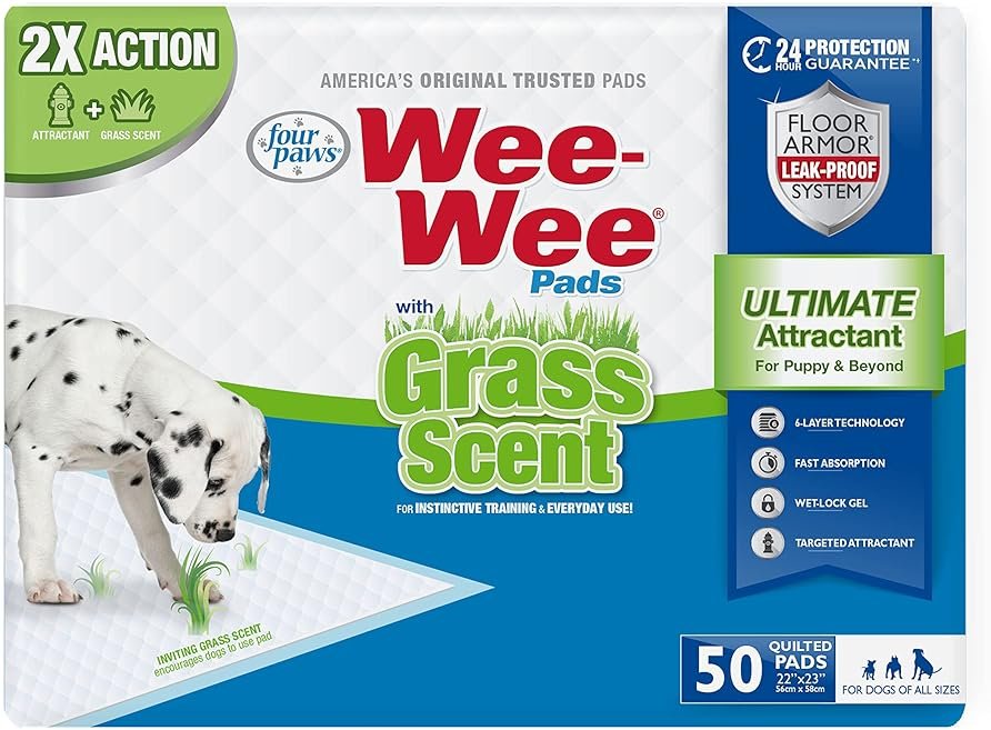 Four Paws Wee-Wee Ultimate Attractant Dog Pee Pads for Instinctive Training, Leak-Proof Floor Protection Dog & Puppy Quilted Potty Training Pads, Grass Scent, 22" x 23" (50 Count) - Product Image