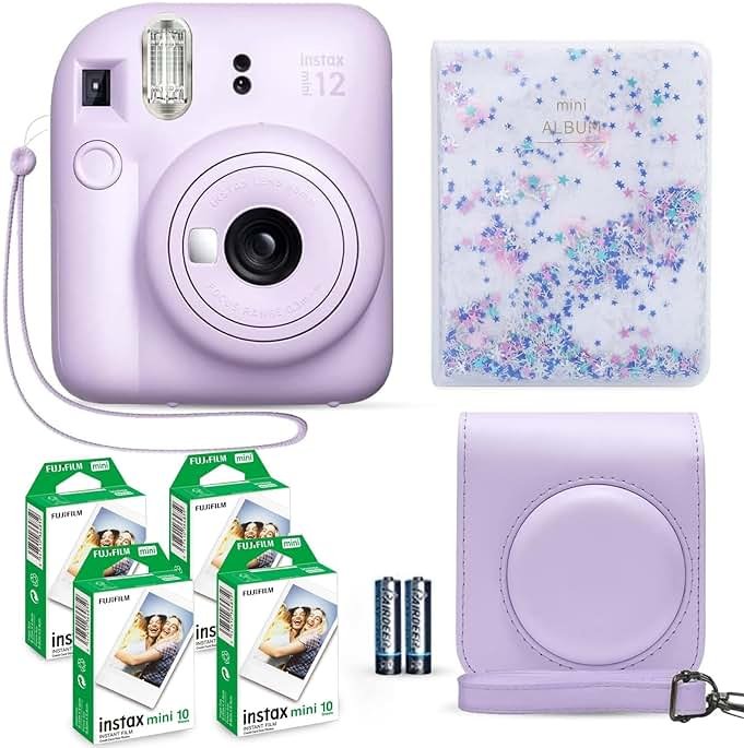 Fujifilm Instax Mini 12 Instant Camera Lilac Purple + Fuji Film Value Pack (40 Sheets) + Shutter Accessories Bundle, Incl. Compatible Carrying Case, Quicksand Beads Photo Album 64 Pockets - Product Image