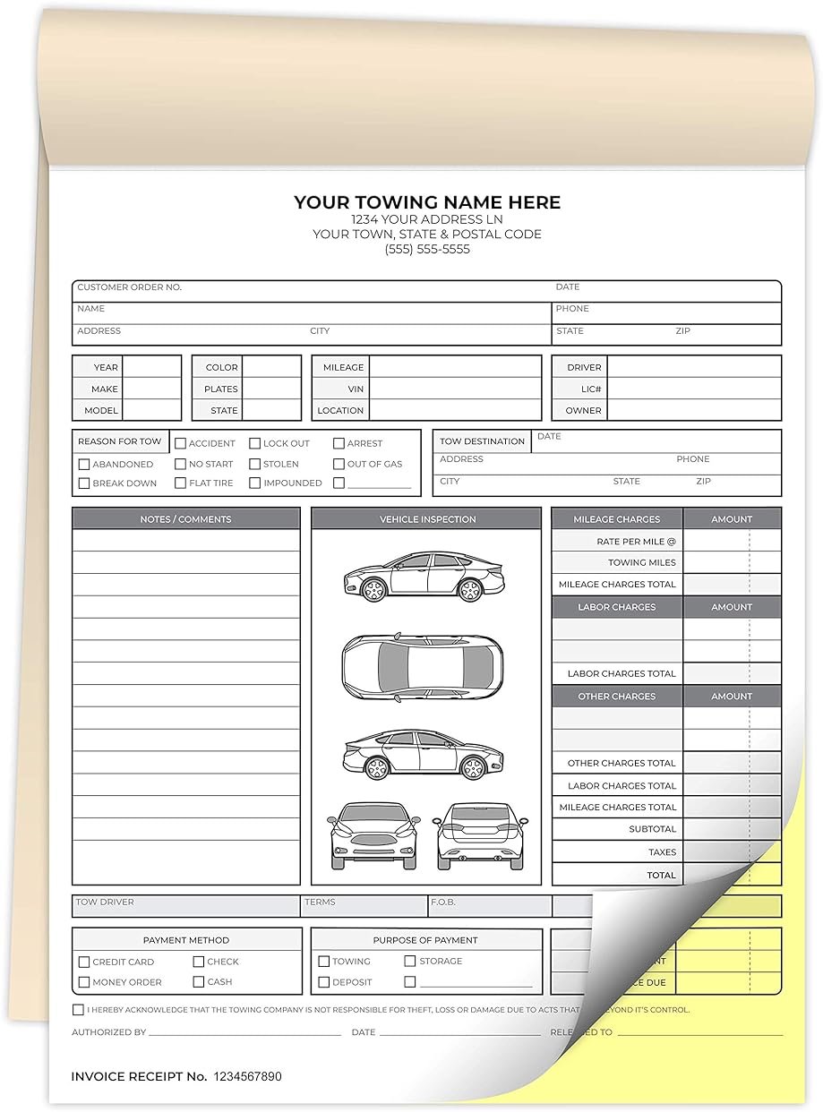 Custom Printed 8.5 x 11 inches Carbonless Towing Invoice Receipt Books - NCR 2-Part Staple Bound Pads with Manila Cover Personalized with Your Company Name - 600 Qty - Product Image