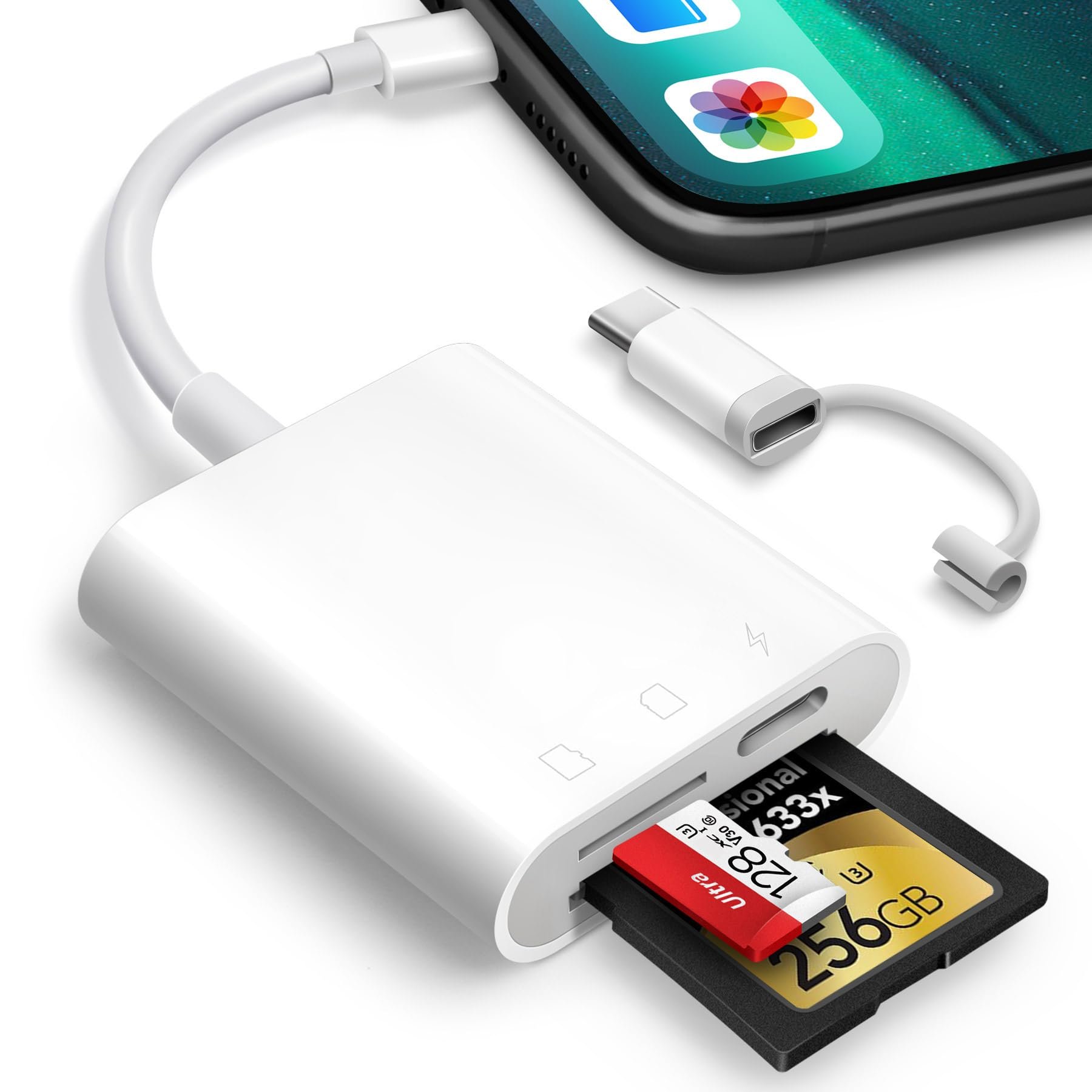 SD Card Reader for iPhone iPad, Oyuiasle Digital Trail Camera SD Card Viewer with Dual Slot for MicroSD/SD, Lightening&USBC Dual-Connector Memory Card Adapter for Photography, Plug and Play - Product Image