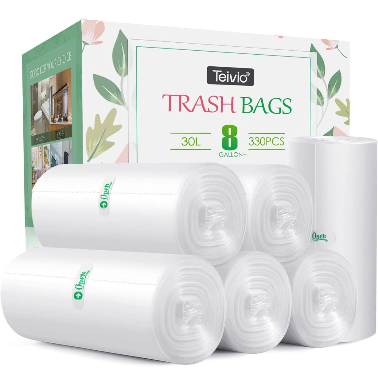 8 Gallon 330 Counts Unscented Medium Trash Bags,Fit 7,8,9,10 Gal Garbage Bags by Teivio, 30 Liter Thick Bathroom Can Bin Liners,Plastic Bags for Home Office Kitchen, Clear - Product Image
