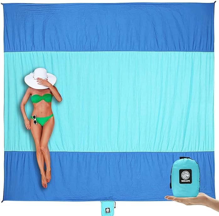 WEKAPO Beach Blanket Sandproof Waterproof, Extra Large Beach Mat, Oversized & Compact Sand Free, Quick Drying Beach Essentials for Vacation, Cruise, Picnic & Camping with Stakes - Product Image