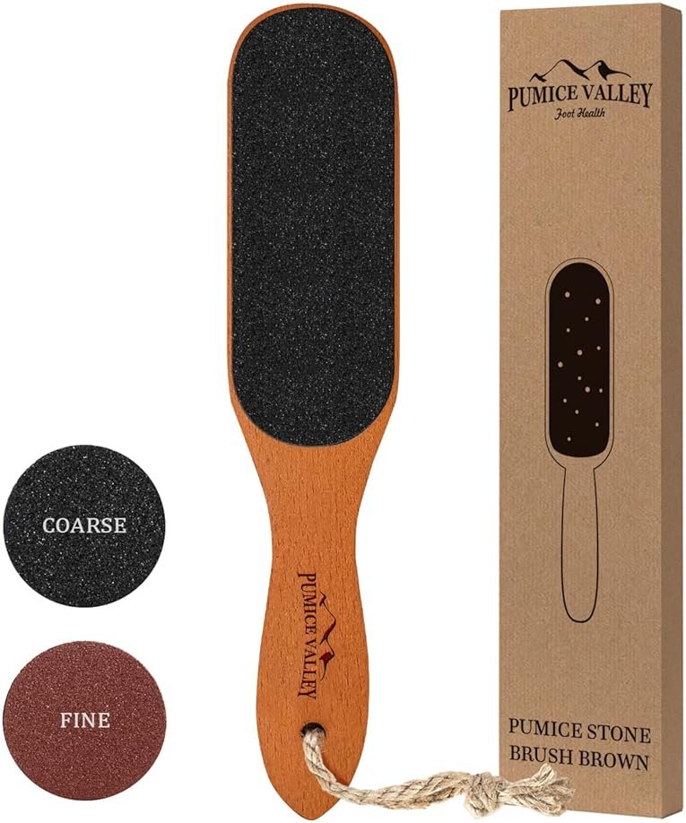Pumice Stone Foot File - Wooden Pedicure Feet Scrubber with Handle for Callus, Dry, and Dead Skin Removal - Heel Scraper for Feet, Hands, and Body - Foot Filer for Use in Shower - Product Image