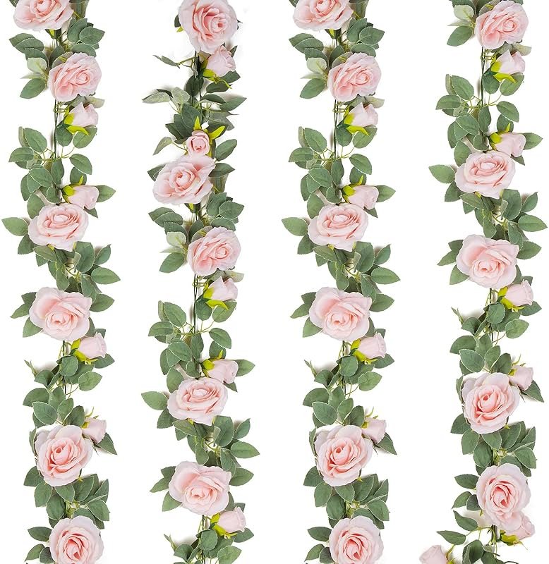 TELDRASSIL 4Pcs(26 FT) Artificial Rose Vine Fake Flower Garland Fake Silk Rose Hanging Vine for Wedding Party Background Arch Garden Background Decoration (Pink) - Product Image