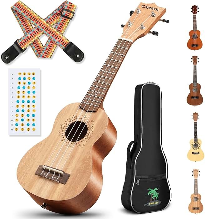 CAHAYA 21 Inch Ukulele Mahogany Beginner Kit Soprano Ukelele with Gig Bag Rainbow Strap Fretboard Stickers for Both Adults and Kids Professional Hawaiian Ukalalee Gifts CY0068 - Product Image