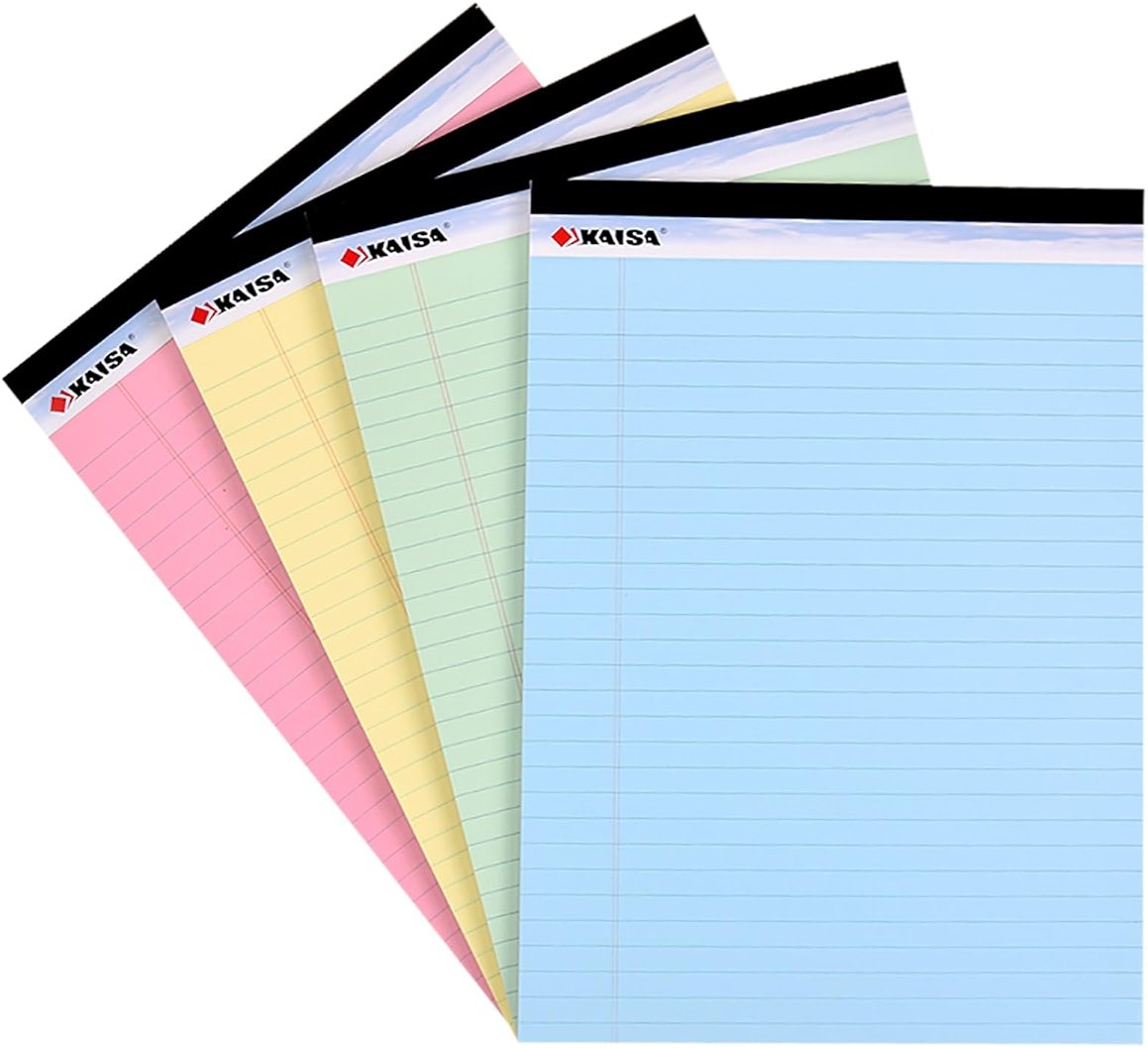 KAISA note pads Colored Legal Pad Writing Pads 8.5x11 inch, Wide Ruled, 40 Sheets/Pad, 20lb Colored Paper, Perforated Writing Pad with Sturdy Back (4 Pads), KSU-5972 - Product Image