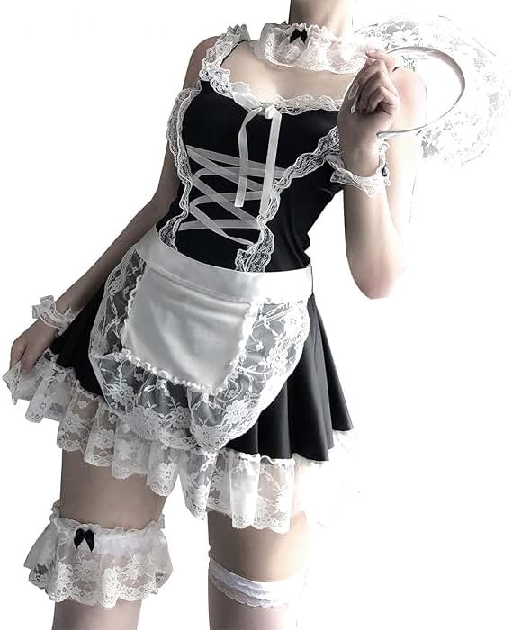 mzenuop Maid Dress Cosplay Sweet Classic Apron Costume with Socks - Product Image
