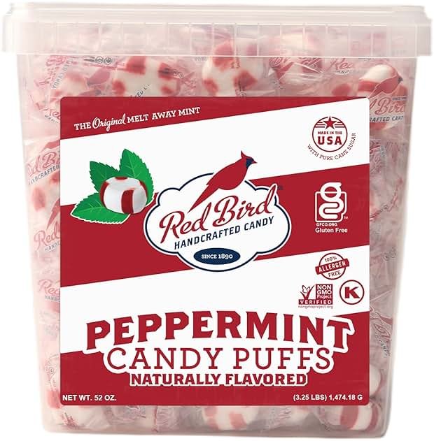 Red Bird Soft Peppermint Puffs Candy, Individually Wrapped Soft Mints, 52 oz Tub - Product Image