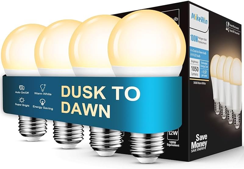 MikeWin Dusk to Dawn Light Bulbs Outdoor, 3000K Warm White, 12W(100W Equivalent) Auto ON/Off Light Sensor LED Lighting Bulb for Wall Lantern, Porch, Boundary, Garage, Patio, Front Door, 4 Pack - Product Image