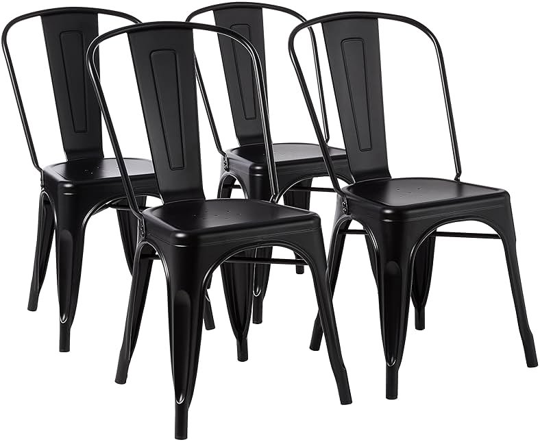 Amazon Basics Metal Dining Chairs, Easy to Assemble, Indoor/Outdoor, Stackable, Matte Black, 4-Pack - Product Image