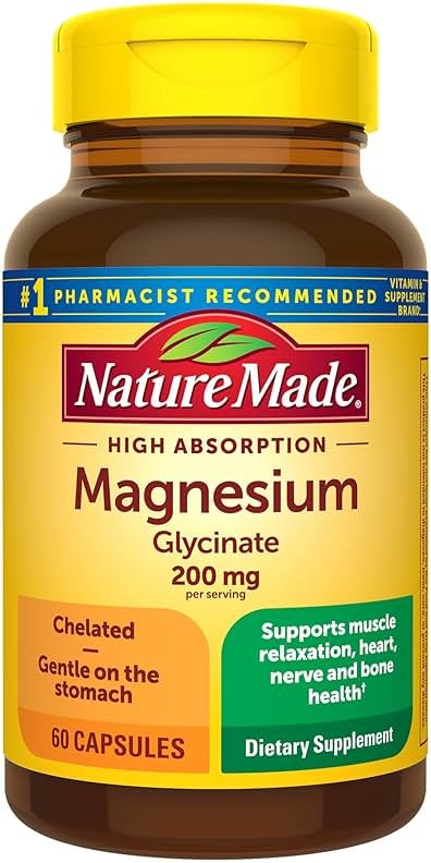 Nature Made Magnesium Glycinate 200 mg per Serving, Magnesium Supplement for Muscle, Heart, Nerve and Bone Support, 60 Magnesium Bisglycinate Capsules, 30 Day Supply - Product Image