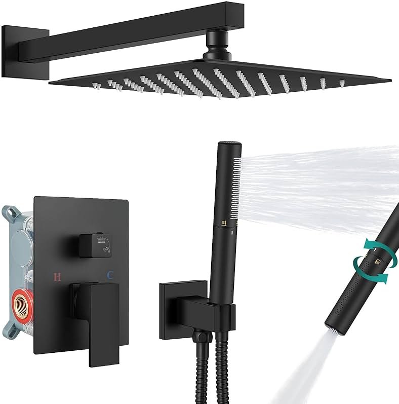 Aolemi Shower Faucet Set, High Pressure Shower System with 2-in-1 Handheld Sprayer, Wall Mount Fixture Combo with Rough-in Valve, 12 Inch Shower Head, Matte Black - Product Image