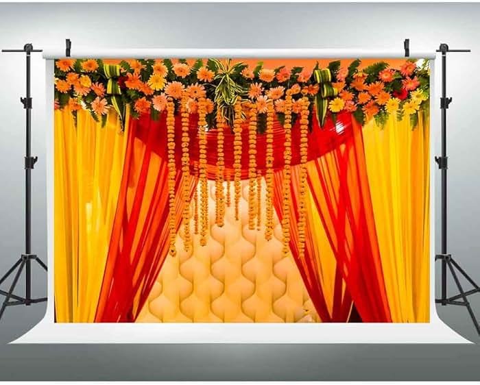 EOA 7(W) x5(H) FT Orange Marigold India Wedding Photography Backdrop Marriage Red Curtain Background Ceremony Wall Decor Photo Booth Studio Props - Product Image