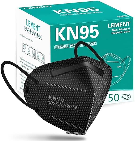 LEMENT 50pcs KN95 Face Mask Black 5 Layer Cup Dust Safety Masks Filter Efficiency≥95% Breathable Elastic Ear Loops Black Masks - Product Image